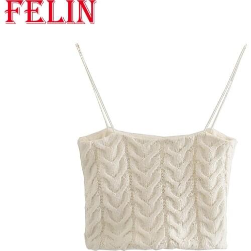 FELIN Za 2021 Fashion Slim Girls Knitted Short Women Sweaters Woven Short Sling Top Sexy Solid Knitwear Female Chic Vest