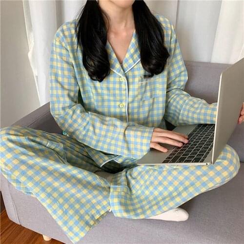 Cotton Home Suits Korean Sleepwear Plaid Print Pajamas for Women Summer 2021 Pyjamas Girls Pijama Short and Long Sleeve Pjs Set