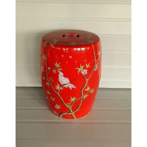 Parrot painting Jindezhen dressing ceramic garden stool Chinese ceramic drum stool bathroom porcelain red stool color