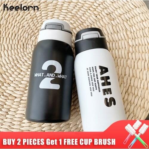Keelorn 260ml 480ml Stainless Steel Thermos with Straw Outdoor Automotive Water Thermo Portable Letter Print Vacuum Cup