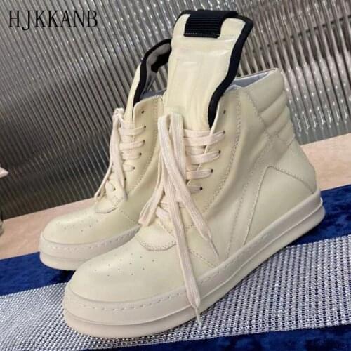 Genuine Leather High Top Sneakers Women Round Toe Lace Up Casual Shoes Men Solid Color All-match 2021 Autumn New Unisex 38-45