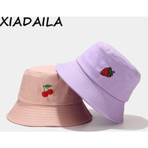Cute strawberry embroidery letters girl fisherman hat Women foldable creative outdoor fashion basin cap bucket sun hat beanies