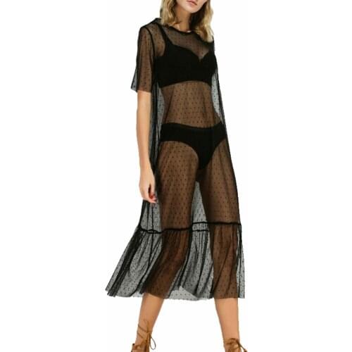 Fashion Women Black Gauze Mesh Dot Sheer Short Sleeve Summer Holiday Beach Bikini Cover Up Dress Tulle Lace Dress