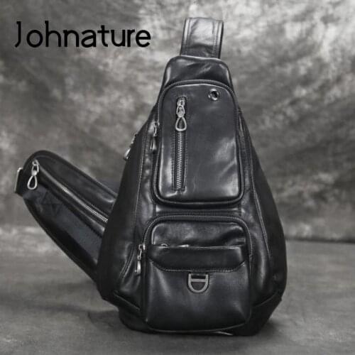 Johnature 2021 New Vintage Genuine Leather Men Chest Bags Multifunctional Nature Cowhide Solid Color Large Capacity Travel Bags