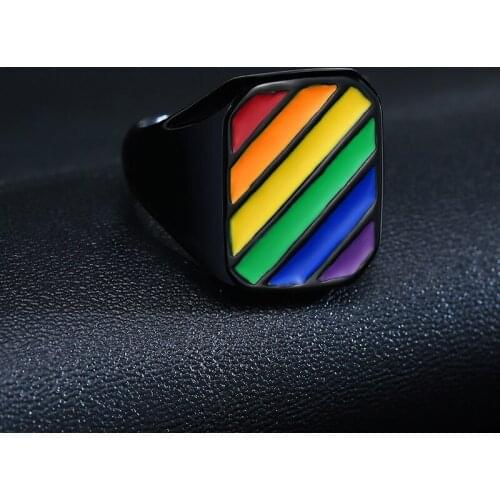 ZORCVENS 2021 New Punk Vintage Rainbow Color Signet Rings for Men Black 316L Stainless Steel LGBT Wedding Jewelry Gifts