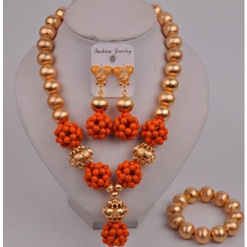 Orange African Necklace Dubai Gold Jewelry Set Nigerian Beads Jewelry Sets Bridal Wedding Party Jewelry 46-AB-06
