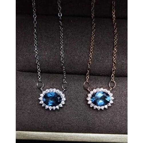 Natural blue topaz gem Pendant necklace S925 silver Natural gemstone Elegant Simple classic round small necklace girl jewelery