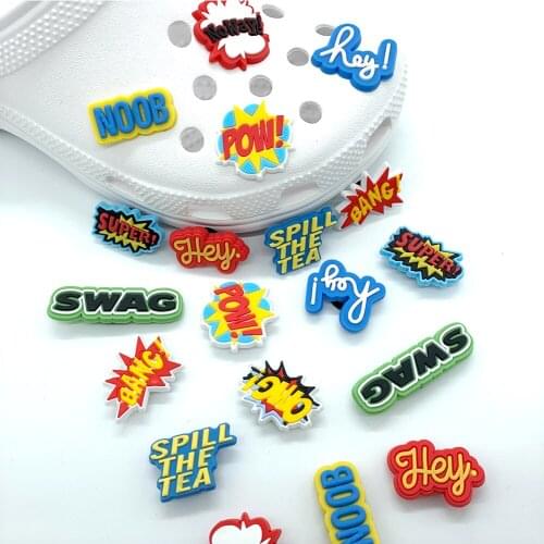 Hot 1pcs Explosion slogan Shoe Charms funny letter Garden Shoe PVC Accessories Bracelet buckle croc jibz for Kid X-mas gift