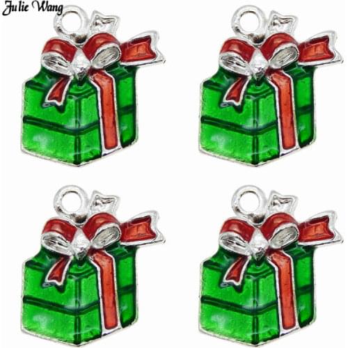 Julie Wang 10pcs 20pcs Green Enamel Christmas Gift Box Charms Alloy Pendant For Jewelry Making Xmas Hanging Accessory