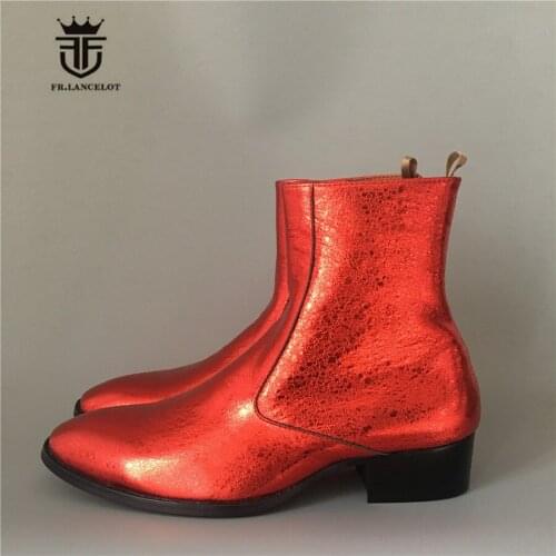 Luxury 17 New High-End Custom Rose Red Shiny Leather punk Boots Cowboy Fashion Genuine Leather Comfortable Chelsea Boots
