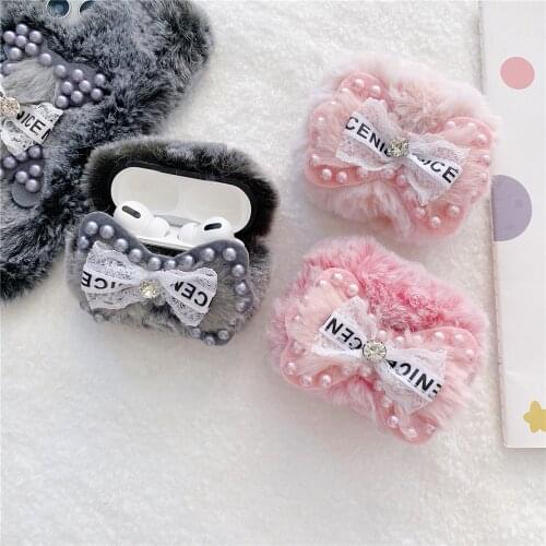 Luxury Fashion Warm Plush fur Earphone Case For AirPods Pro Lady style Beaded bowknot Headphone box Protective cover cases capa