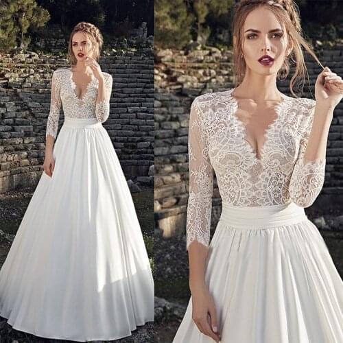 Sexy Sheath Wedding 2021 High Neck Deep V Long Sleeve Lace Slim Fashion Bridal Style Wedding Dress Women Wedding Gowns Customize