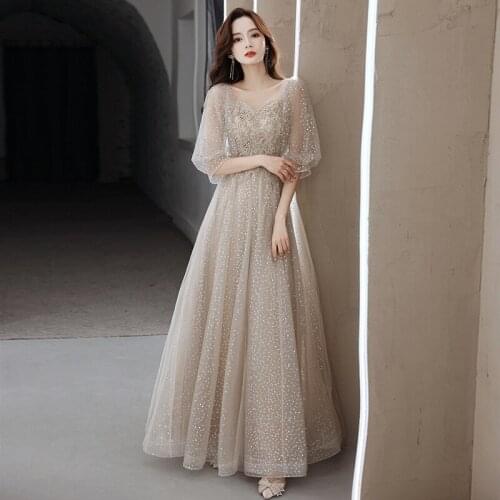 Sexy U-Neck Sequins Applique Puff Sleeve Evening Dress Women Back Zipper Formal Gowns Robe De Soiree Cheongsam 3XL
