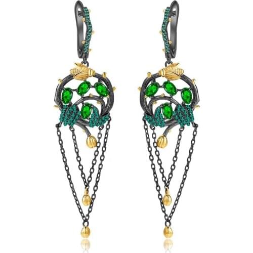 Tassel earrings natural chrome diopside s925 silver gem handmade high-end design