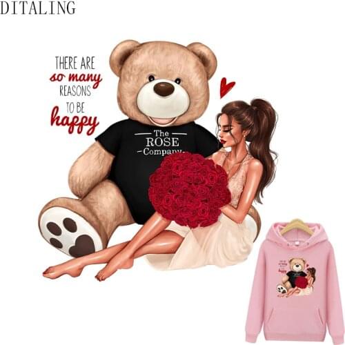 Pretty Girl Patches On Clothes Thermal Stickers Bear Rose Patch DIY Iron On Transfer Sticker Washable Eco-Friendly A-Level Patch