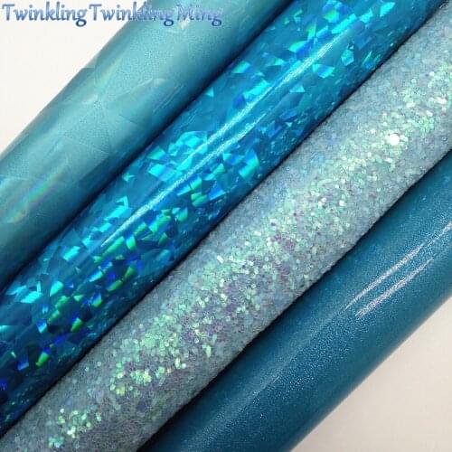 BLUE Glitter Fabric, Iridescent Synthetic Leather, Smooth Faux Fabric Sheets For Bow A4 21x29CM Twinkling Ming XM012K
