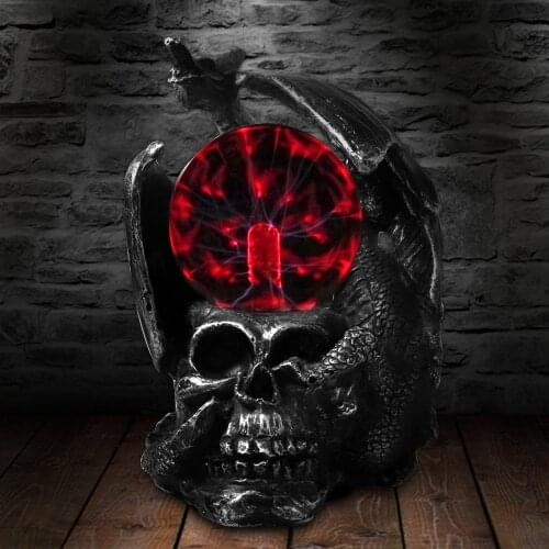 Gothic Dragon On A Skull Head Statue With Electric Glass Horror Lighting Plasma Ball Skull Figurine Novelty Desk Lamp