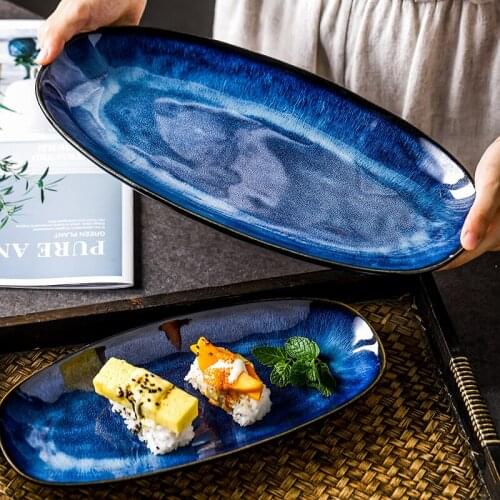 Japanese Style Kiln Change Cat Eye Blue Fish Plate Household Steamed Fish Plate Large Glaze Color Creative Sushi Plate Single