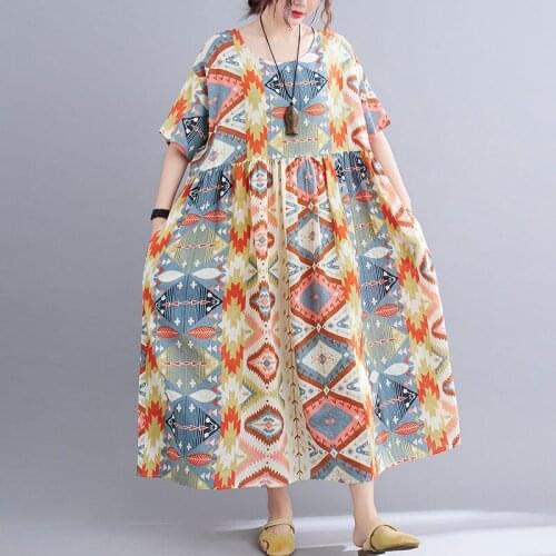 Vintage Batwing Linen Dresses Robe Female Ethnic Print Cotton Long Dress 2021Summer Dress Women Plus Size Sundress Bohemia Dress