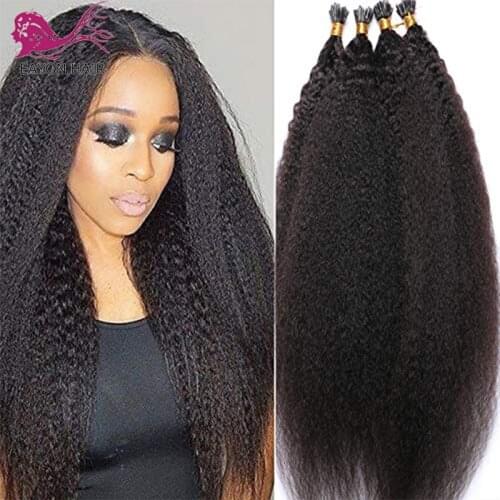 Kinky Straight I Tip Hair Extensions 100 strand Remy Brazilian Microlinks Human Hair Keratin Hair Black Brown Color For Women