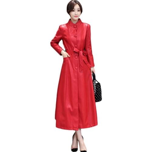 Leather Jacket Women Red L-4XL Plus Size Long Faux Leather Coat 2019 New Autumn Winter Korean Fashion Single-breasted Coat JD340