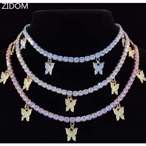 Women Hip Hop Iced Out Bling Necklace AAA Zircon Tennis Chain With Butterfly Choker Necklaces Charm HipHop Jewelry Fashion Gift