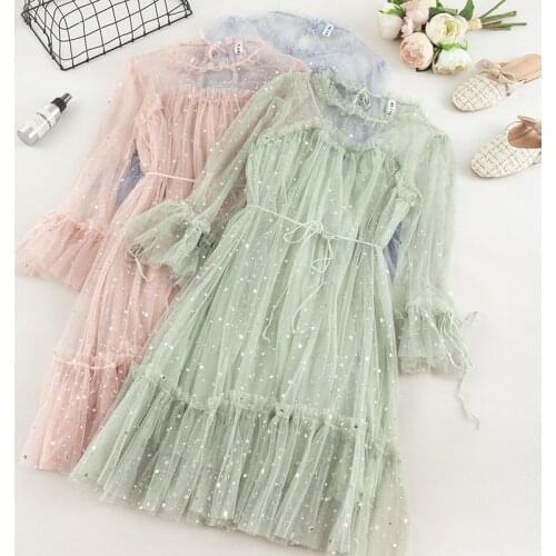 Women O-neck Flare Sleeve Bling Sequined Pleated Ruffles Dress Vintage Bandage Strap Elastic Slim Mesh Gauze Pullover Midi Dress