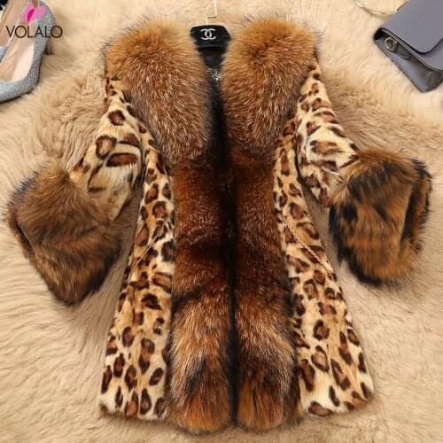 S-6XL Plus Size Leopard Print Sexy Natural Fox Fur Coats Outerwear Women Whole Skin Fur Overcoat Jackets Raccoon Dog Fur Collar