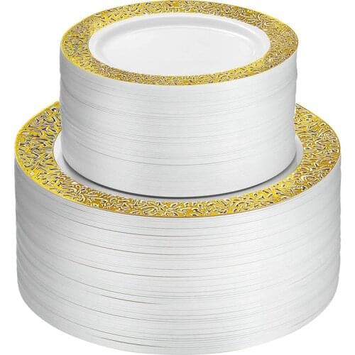 Gold Disposable Plastic Plates -Lace Design Wedding Party Plastic Plates,Gold Lace Plates Salad/Dessert Plates 25Pack