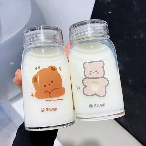 450ml Cartoon Bear Glass Water Bottle With Stainless Steel Lid Creative Drinking Travel Tea Milk Juice Bottle For Girl Kids Gift