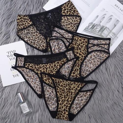 Hot Sale Sexy Lingerie Briefs Women Underwear Leopard Print Hollow Out Lace Patchwork Bottom Panties Lady Low Waist Underwear