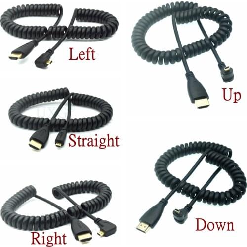 Stretch Spring Left & Right Angled 90 Degree Micro HDMI-to HDMI-Male HDTV Cable For Cell Phone & Tablet & Camera 2m