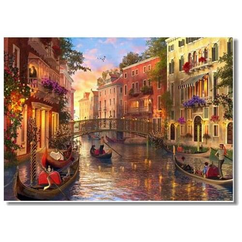 Sunset Scenery Oil Painting River House Cross Stitch Kits Crafts 14CT Unprinted For Embroidered Handmade Art Wall Home Decor