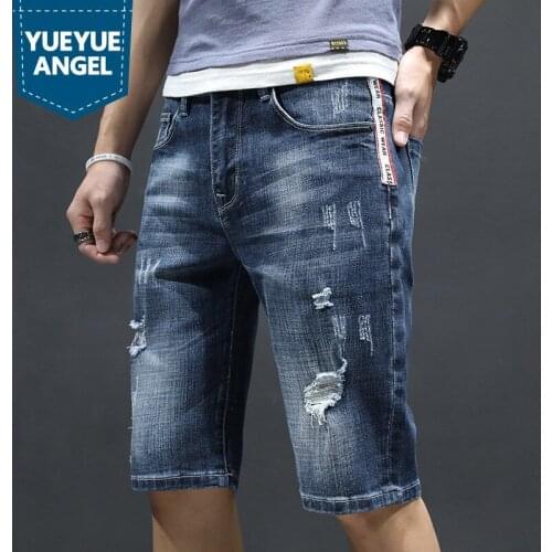 Summer New Thin Denim Shorts Men Frayed Casual Straight Knee Length Jeans Pockets Zipper Outdoor Cowboy Shorts Male Plus Size