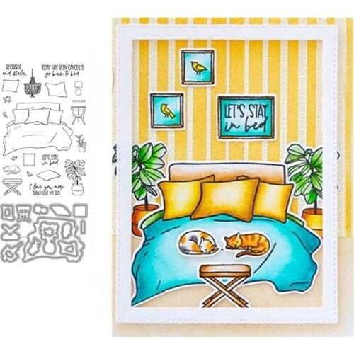 Bedroom Bed Cat Pillow Metal Cutting Dies and Clear Stamps Diy Scrapbooking Craft Stencil Seal Sheet Decor Embossing Template