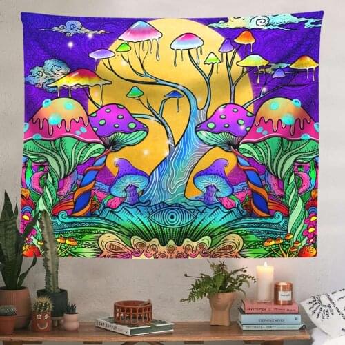 Trippy Mushroom Tapestry Moon Hippie Art Colorful Abstract Tapestries Art Wall Hanging for Living Room Bedroom Home Dorm Decor