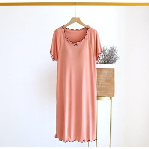 Modal Nightgown Womens Solid O-Neck Loose Sleepwear Thin Auricularia Edge Design Gown Intimate Lingerie With Chenst Pads Nighty