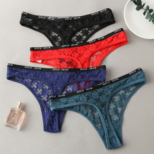 New Sexy Women Lace Thong Underwear Briefs Low-Rise Hollow Out Solid Color lntimates Lingerie Transparent Temptation G-String