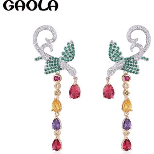 GAOLA Brand Unique Design Multi Cubic Zircoia Micro Pave Setting Phoenix Bird Dangle Earrings For Women