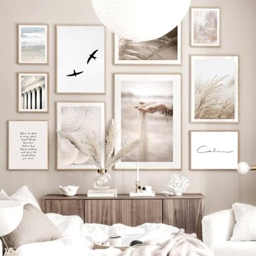 Sand Falling Reeds Mushroom Birds Calm Beach Nordic Poster Wall Art Print Canvas Painting Decoration Pictures For Living Room
