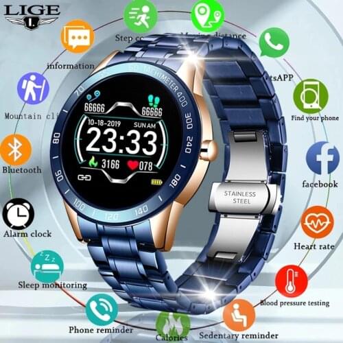 LIGE New Color screen men sport smart watch Men Fitness tracker For iPhone/xiaomi Heart rate blood pressure function smartwatch