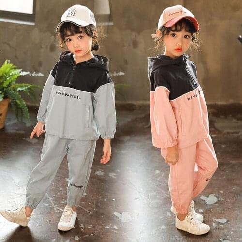 Girls Sprots Suit Spring Fall Boys Kids Leisure Hoodies Clothing Set Childrens Spliced Tracksuit Clothes Hooded Coat Pants B255