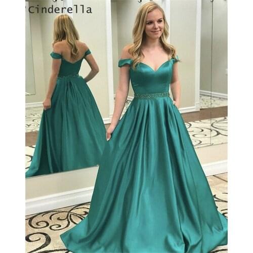 Cinderella Green Off The Shoulder A-Line Long Zipper Back Crystal Beaded Satin Evening Dresses vestidos de fiesta de noche