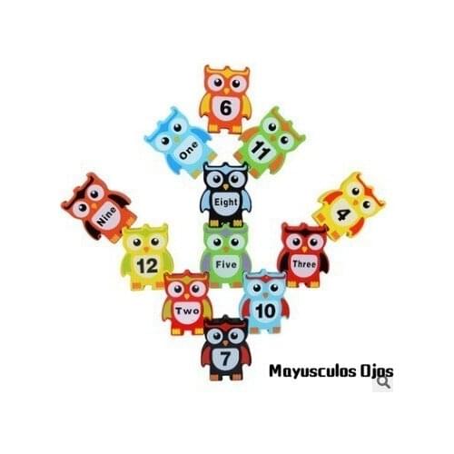 ZH 12PCS Wooden Large Color Numbers Owl Stacks High Toys Childrens Building Blocks