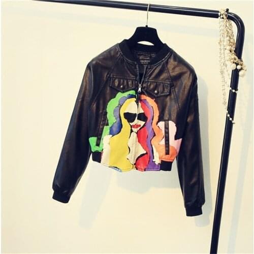 2018 Womens Spring Autumn New Korean Fashion Fake Pocket Personality Color Graffiti Bat Sleeve PU Leather Short Jacket TB18196