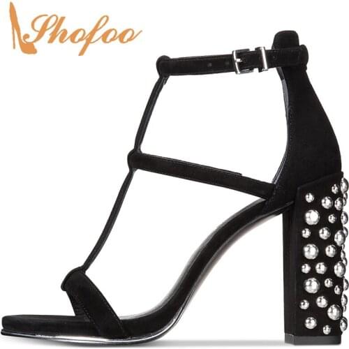 2021 Black Metallic Stud Ankle T-Strap Sandals Woman Super High Chunky Heels Buckle Ladies Party Wedding Shoes Large Size 11 16
