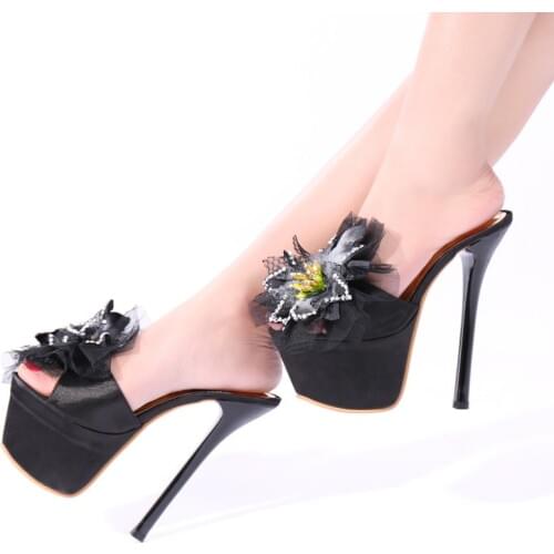 High-heeled Sandals Female 16cm Sexy Crystal Transparent PVC Flower Satin High-heeled Waterproof Platform Catwalk Nightclub