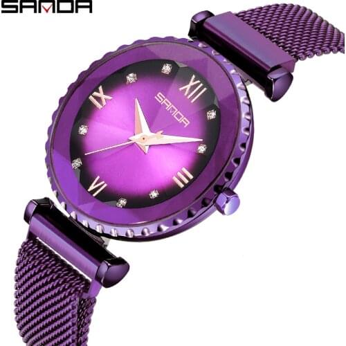 2019 Latest Style Luxury Sanda Top Brand Ladies Watch Crystal Dress Ladies Watch Purple Stainless Steel Quartz Ladies Watch