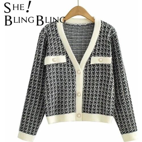 SheBlingBling Za Woman 2021 Casual Traf Autumn Contrast Tipping Texture Knit Cardigan Ornate Button Female Coats Loose Sweaters