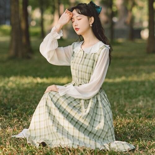 Literary Retro Dress Women Plaid Dress Spring 2021Chiffon Double-Collar Plaid Drawstring Platycodon Grandiflora Dress Vestidos